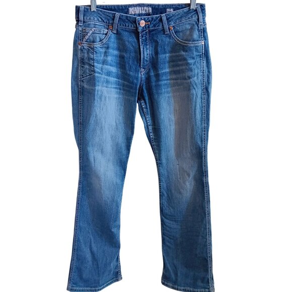 32R Womens Ariat Jeans 34x32 Perfect Rise Boot Bootcut Denim Distress Rebar - Picture 1 of 8